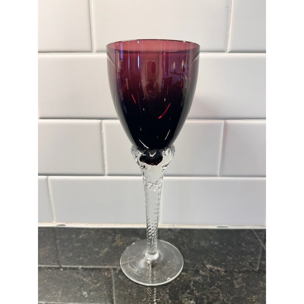 Vintage Art Glass Goblet Clear Twisted Stem Handcrafted‎ in Yugoslavia Amethyst